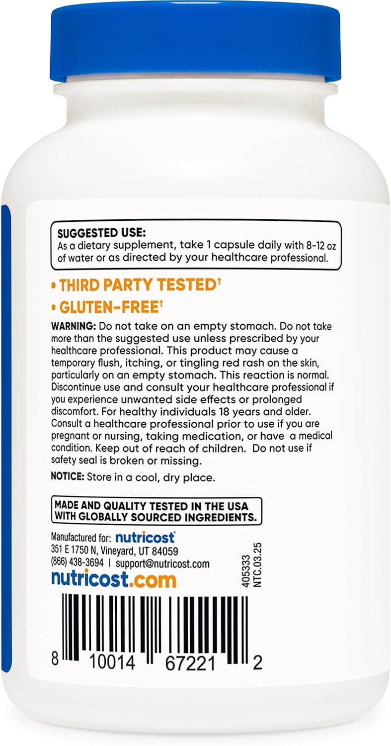 Nutricost Niacin (Vitamin B3) 100mg, 240 Capsules – Immediate Release with Flushing, Non-GMO, Gluten-free - görsel 4
