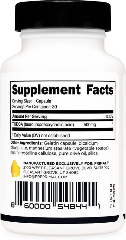 Primal Tudca 500mg 30 Capsules - Gluten-free, Non-GMO Tauroursodeoxycholic Acid Food Supplement