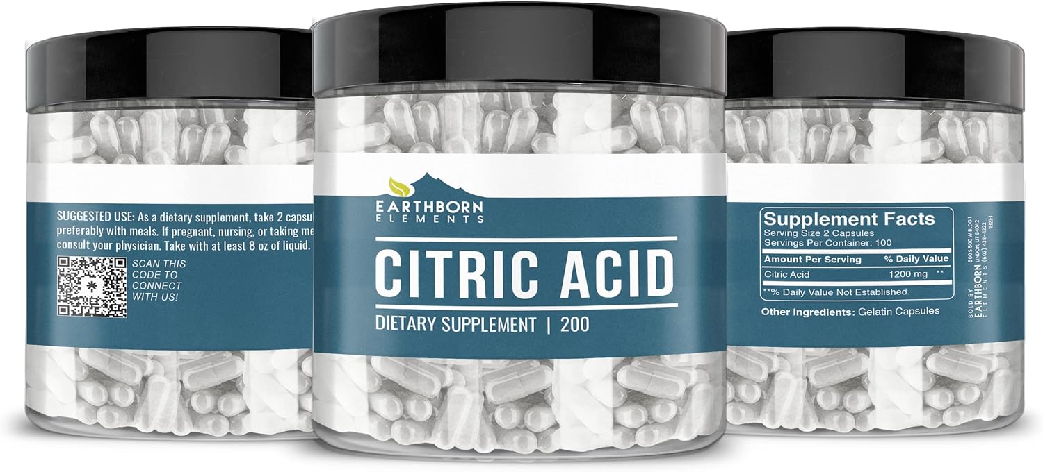 Earthborn Elements Citric Acid 200 Capsules, Pure & Undiluted, No Additives - görsel 2