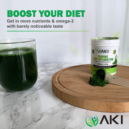 AKI Marine Phytoplankton Powder - Raw Omega-3 EPA from Microalgae, Vegan & Non-GMO (2 oz)