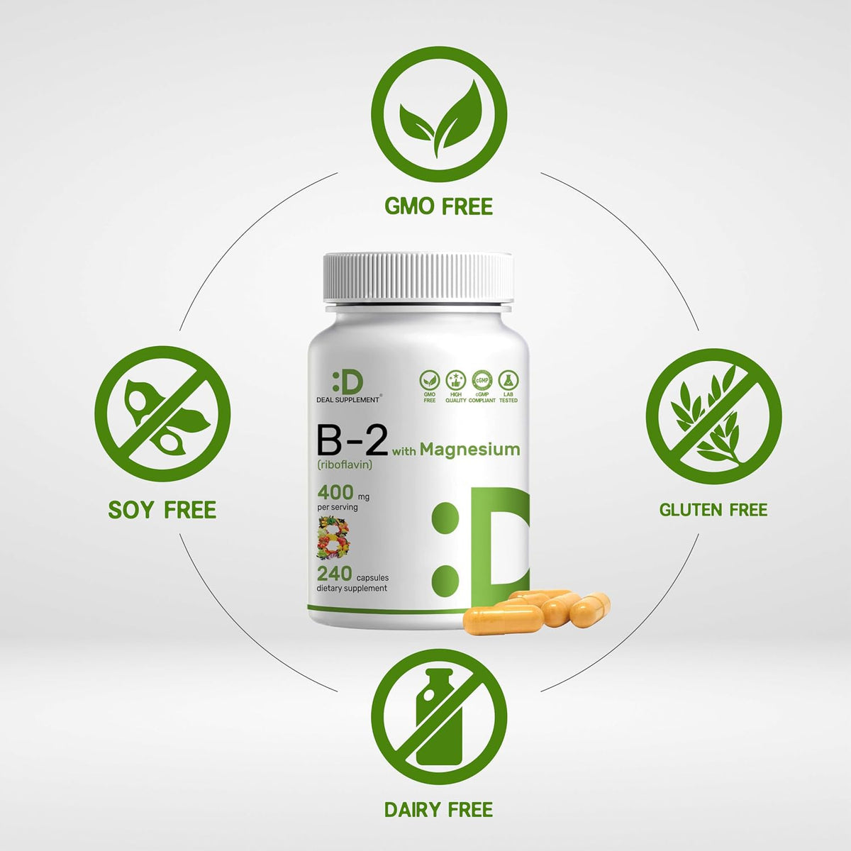 DEAL SUPPLEMENT Vitamin B2 (Riboflavin) 400mg + Magnesium Glycinate 400mg, 240 Capsules - görsel 3