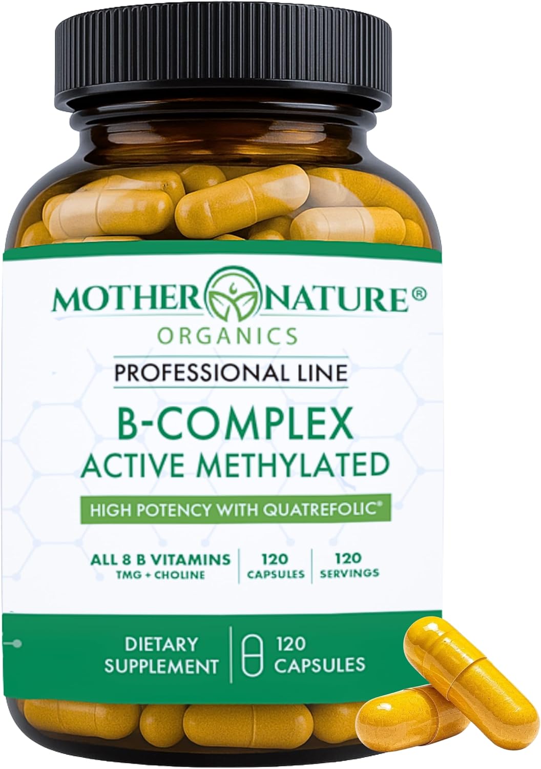 Mother Nature Organics Methylated B Complex – Bioactive B Vitamins for Energy, Brain & Heart – 120 Capsules - görsel 1