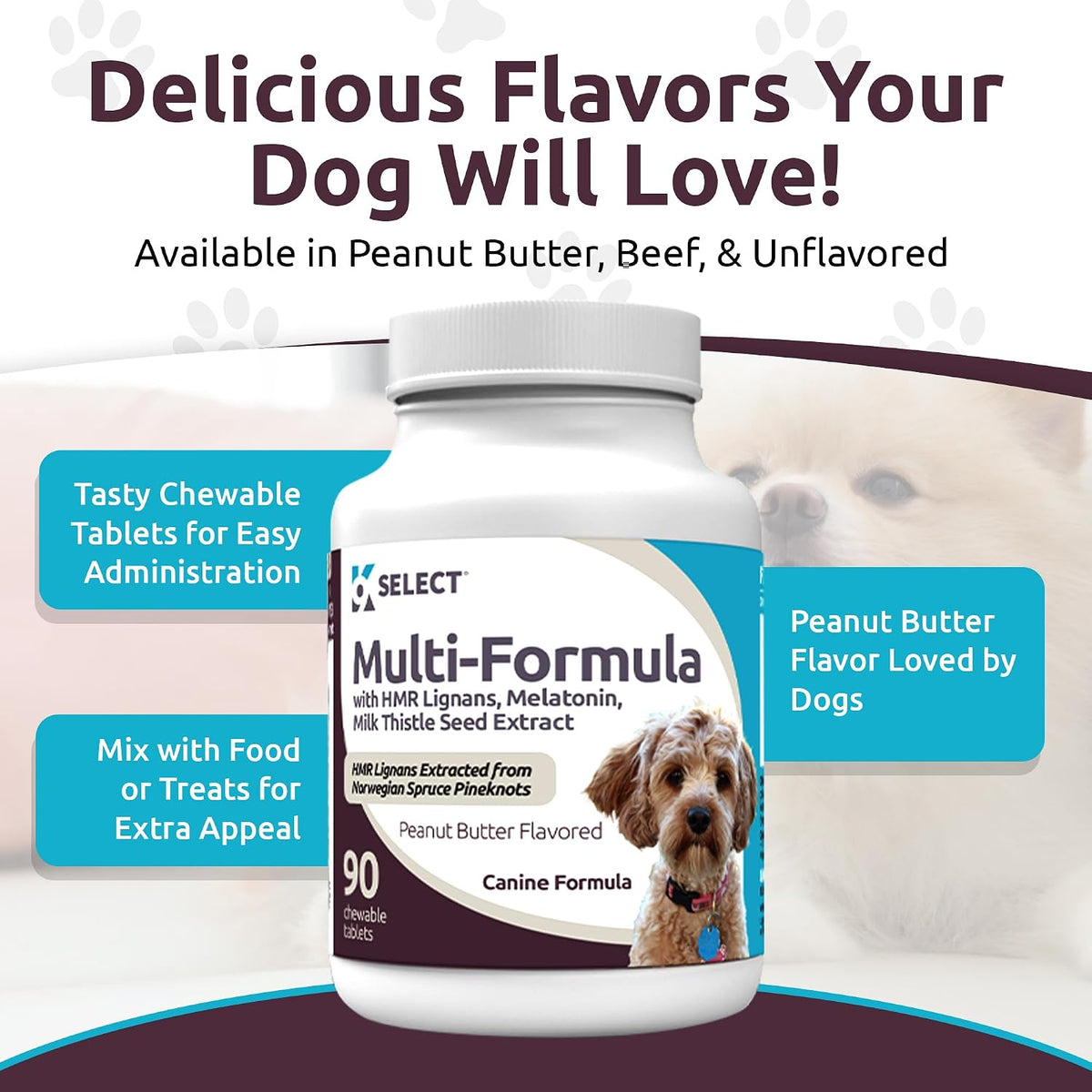 K9 Select Multi-Formula Dog Vitamins for Smaller Dogs - 10mg HMR Lignans, 1mg Melatonin, 20mg Milk Thistle - 90 Chewable Tablets, Peanut Butter Flavour - görsel 4