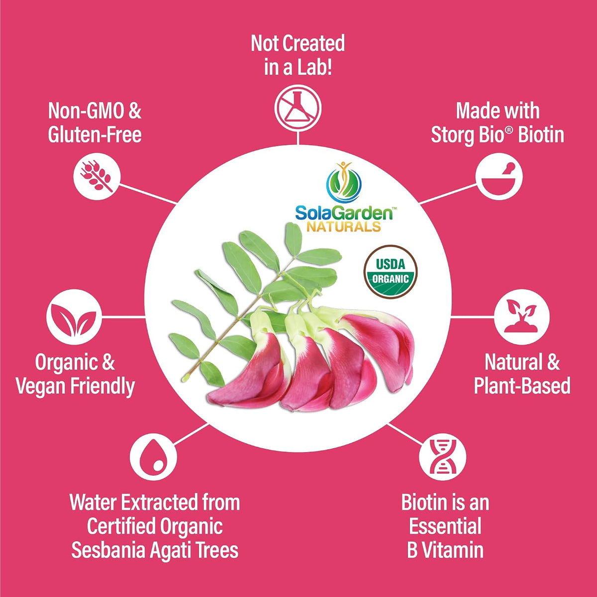 USDA Organic Whole Food Biotin Supplement - 5000 mcg Plant-Based Biotin from Sesbania Agati - Non-GMO Vegan Capsules for Hair, Skin, and Nails - 60 Count - görsel 4