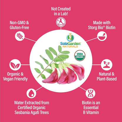 USDA Organic Whole Food Biotin Supplement - 5000 mcg Plant-Based Biotin from Sesbania Agati - Non-GMO Vegan Capsules for Hair, Skin, and Nails - 60 Count