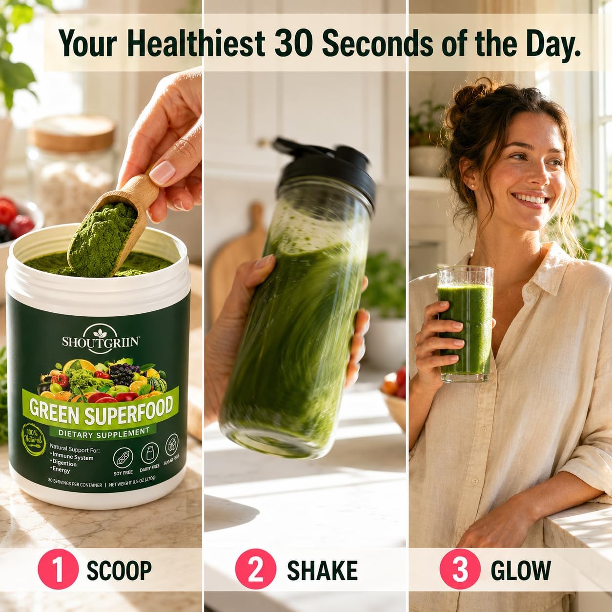 SHOUTGRIIN Green Superfood Powder – Organic Super Greens with 100 Billion CFU Probiotics & Digestive Enzymes - görsel 7