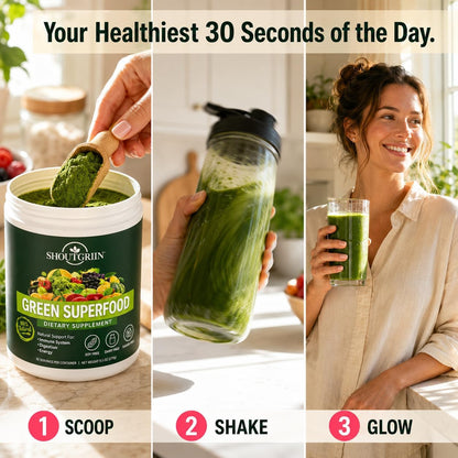 SHOUTGRIIN Green Superfood Powder – Organic Super Greens with 100 Billion CFU Probiotics & Digestive Enzymes