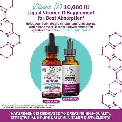 NatureGenX Vitamin D3 Liquid Drops – Immune System Support & Bone Health for Adults – Vegan, Non-GMO, Gluten-Free – 30ml (1-Month Supply)