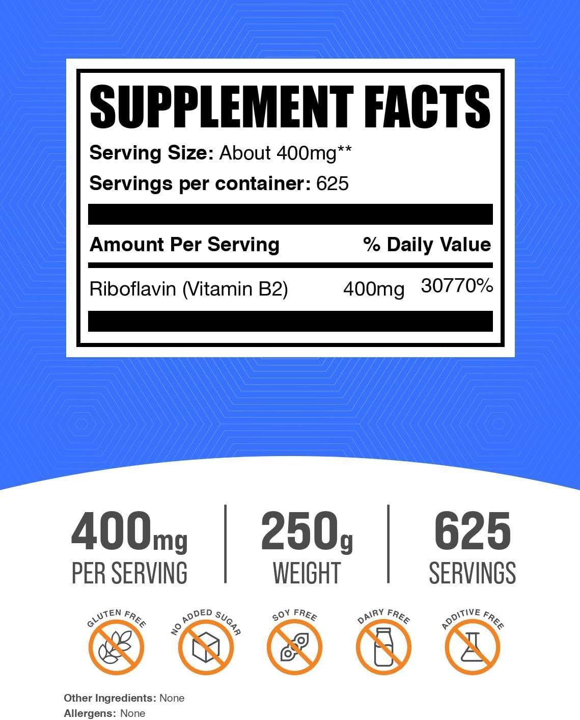 BulkSupplements.com Riboflavin Powder – Vitamin B2 Supplement, 400mg per Serving, 250g - görsel 2