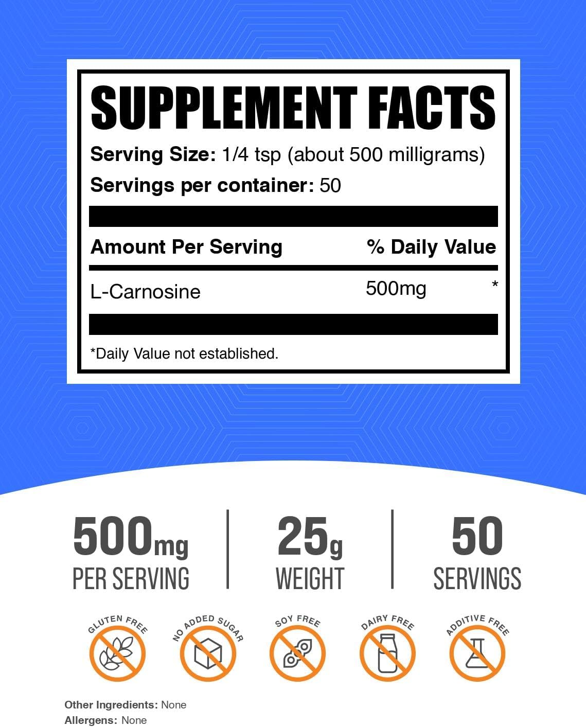BulkSupplements.com L-Carnosine Powder - Antioxidant Support - 500mg per Serving, 25g - görsel 2