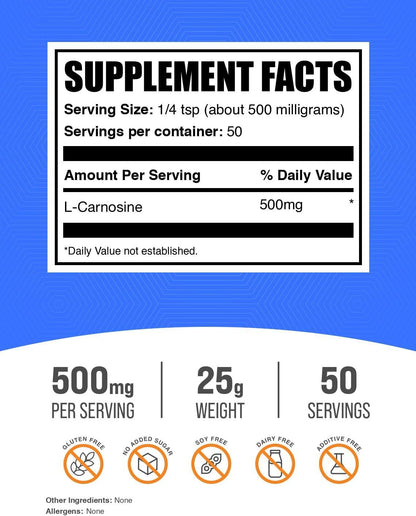 BulkSupplements.com L-Carnosine Powder - Antioxidant Support - 500mg per Serving, 25g
