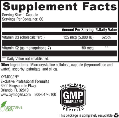 XYMOGEN K2-D3 Max - Vitamin D3 K2 Supplement for Bone & Immune Support - High-Strength K2 MK-7 - Non-GMO, Gluten-Free, Vegetarian - 60 Capsules