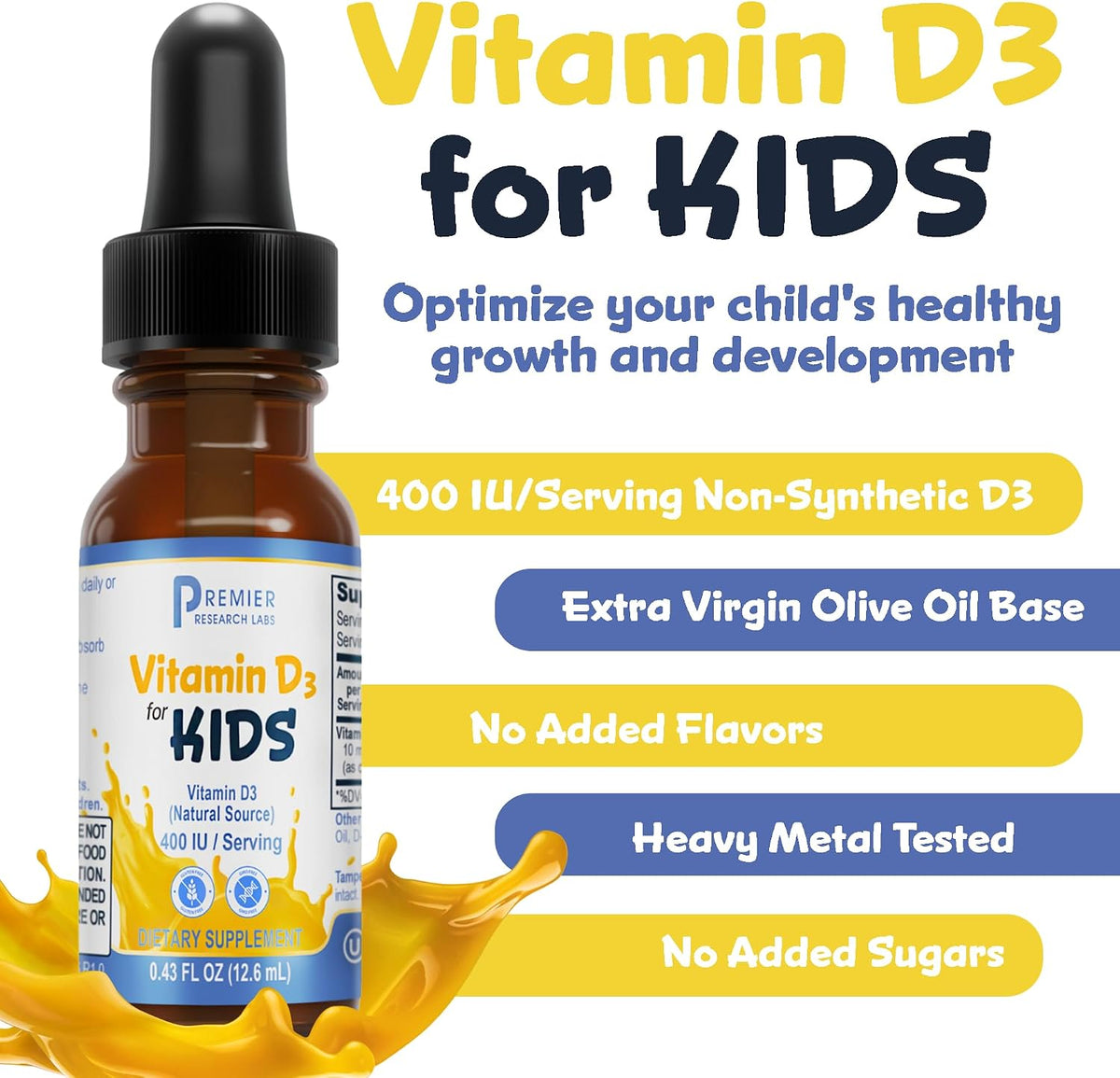 Premier Research Labs Vitamin D3 for Kids - Vitamin D Drops for Children, Kids Liquid Vitamin D, 400 IU Per Serving, Supports Healthy Brain Development - 0.43 fl oz - görsel 2