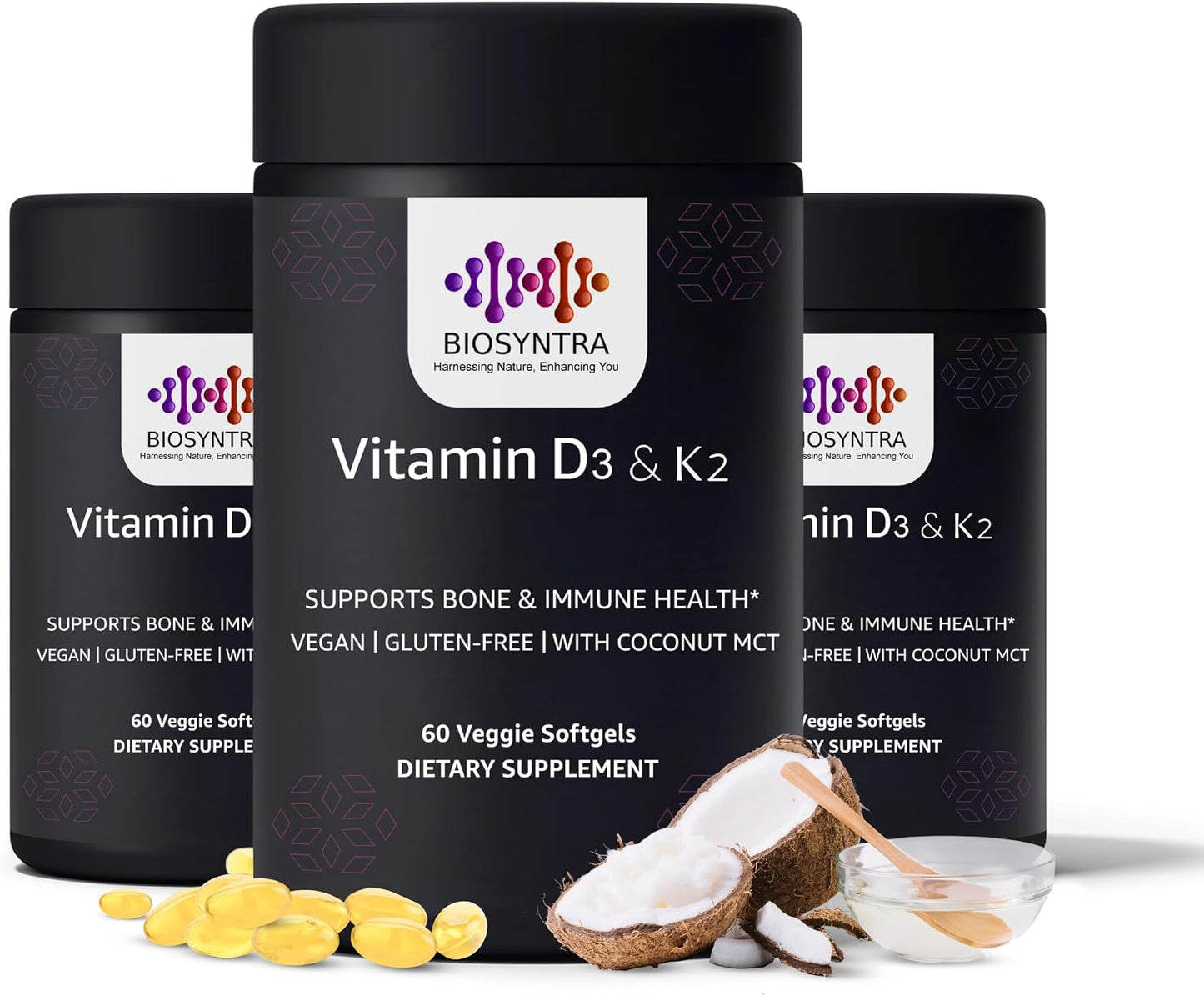 Biosyntra Vitamin D3+K2 with Coconut Oil - 5000 IU D3 & 110mcg MK-7 - Bone & Immune Support - 60 Veggie Soft gel capsules - görsel 1