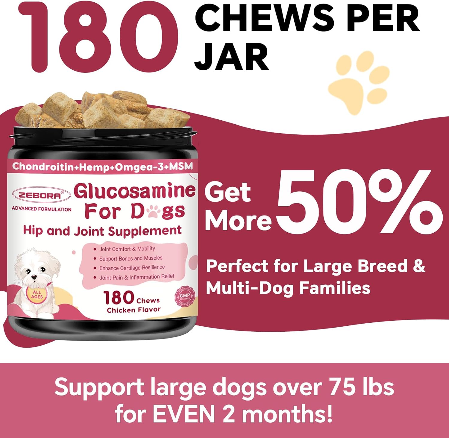 Hip & Joint Supplement for Dogs – Glucosamine with MSM, Chondroitin, Omega-3, Turmeric, Calcium – 180 Freeze-Dried Chews - görsel 4