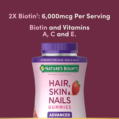 Nature's Bounty Optimal Solutions Advanced Hair, Skin & Nails, 2X Biotin, 80 Strawberry Gummies, 40 Servings