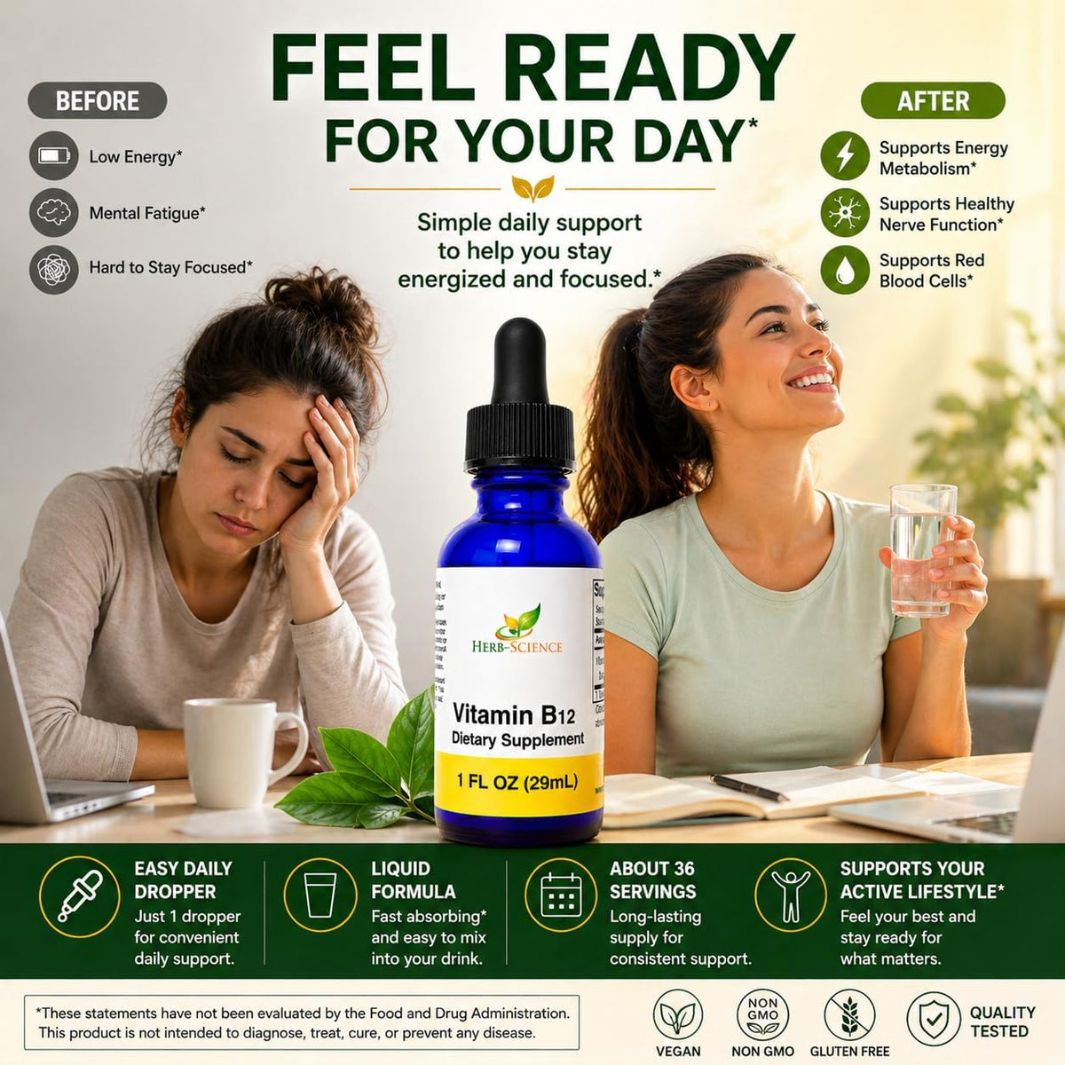 Herb-Science Liquid Vitamin B12 – Cold-Pressed Cyanocobalamin Sublingual Drops, Vegan, Alcohol-Free, 1 fl oz - görsel 3