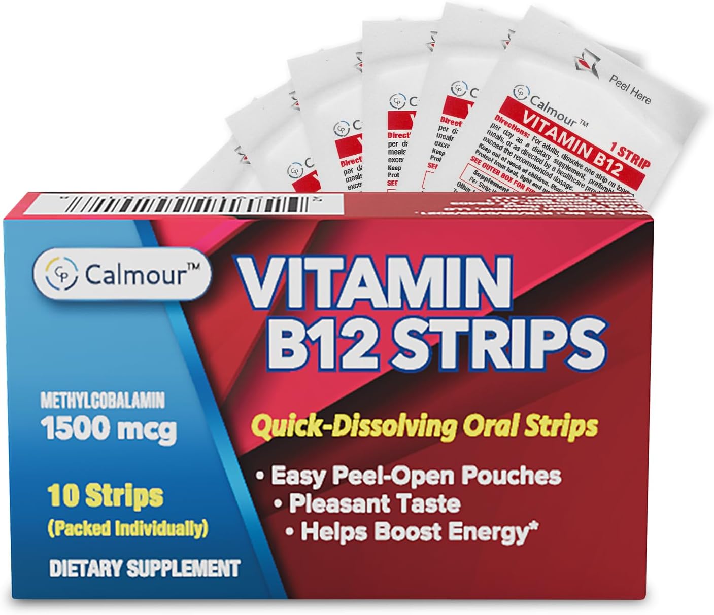 Calmour Vitamin B12 Strips - 1500 mcg Methylcobalamin, Mint, 10 Pack - görsel 1