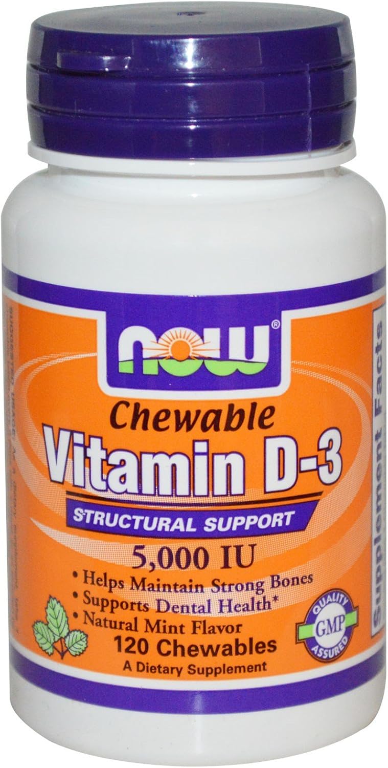 NOW Foods Vitamin D-3, 5000 IU, Mint Flavour, 120 Chewables - görsel 1