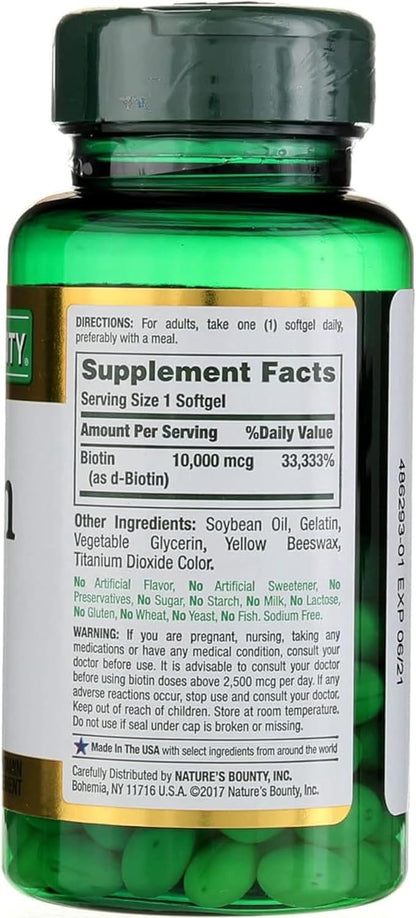 Nature's Bounty Biotin 10000 mcg Softgels, 120 Count