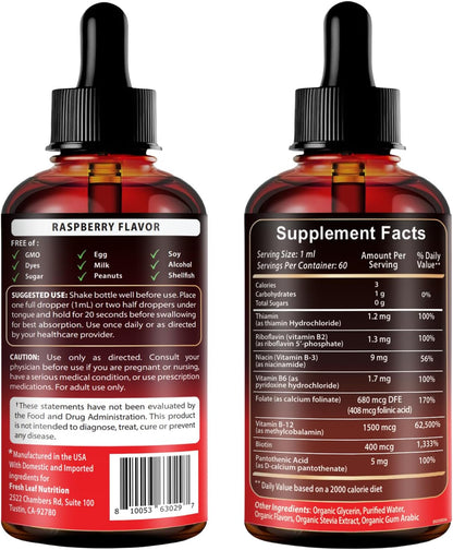 Vegan Vitamin B12 with B Complex 20 mg - Extra Strength for Men and Women - Raspberry Liquid Drops | Made in USA, B1, B2, B3, B5, B6, Biotin, Folic Acid & B12 Methylcobalamin | 4 Months Supply