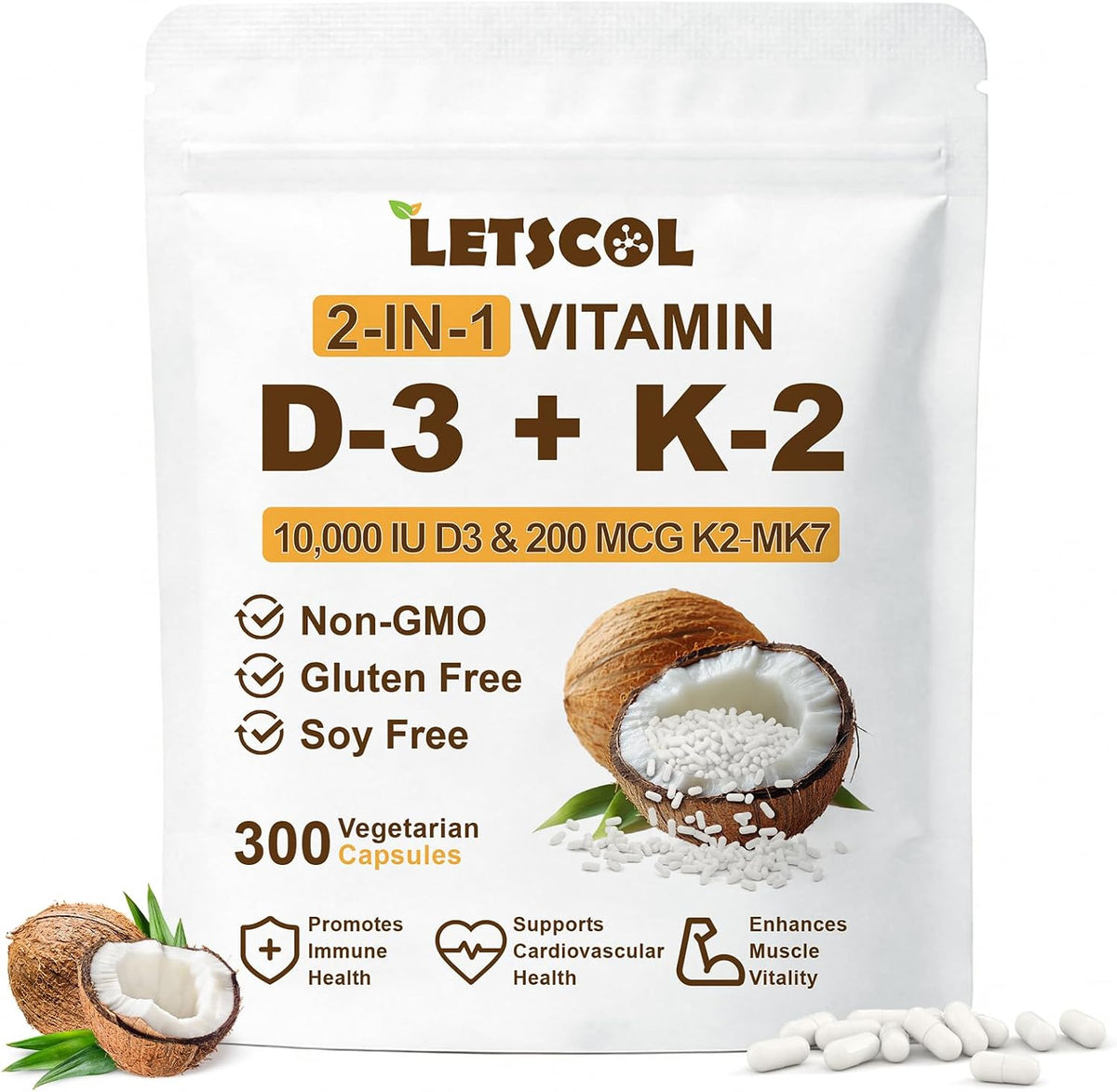 LETSCOL 2-in-1 Vitamin D3 K2 Soft gel capsules - 10000 IU D3 & 200 mcg K2 MK-7 - görsel 9