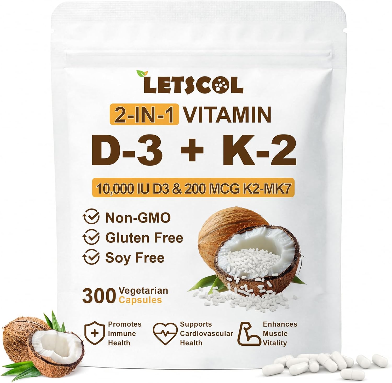 LETSCOL 2-in-1 Vitamin D3 K2 Soft gel capsules - 10000 IU D3 & 200 mcg K2 MK-7 - görsel 9