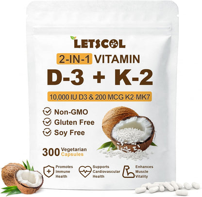 LETSCOL 2-in-1 Vitamin D3 K2 Soft gel capsules - 10000 IU D3 & 200 mcg K2 MK-7
