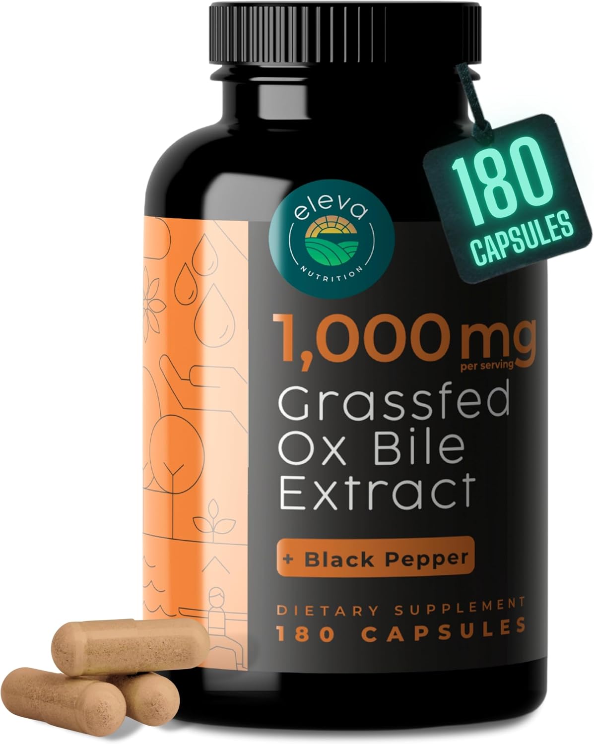 Eleva Nutrition Grass-Fed Ox Bile 1000mg – Digestive Support Supplement (180 Capsules) - görsel 1