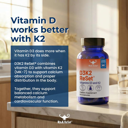 RnA ReSet D3K2 Reset – 4,000 IU Vitamin D3 & 100 mcg K2 Food Supplement (60 Capsules) – NSF Certified