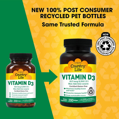 Country Life Vitamin D3 2500 IU – Non-Fish Derived, High Strength Vitamin D3 for Bone Health, Immune Support & Calcium Absorption – Certified Gluten-Free, 200 Softgels