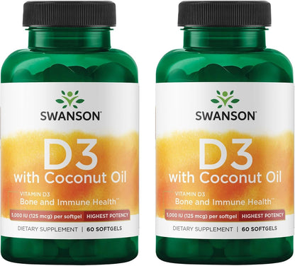 Swanson High Potency Vitamin D-3 with Coconut – 5000 IU (125 mcg), 60 Softgels (2 Pack)