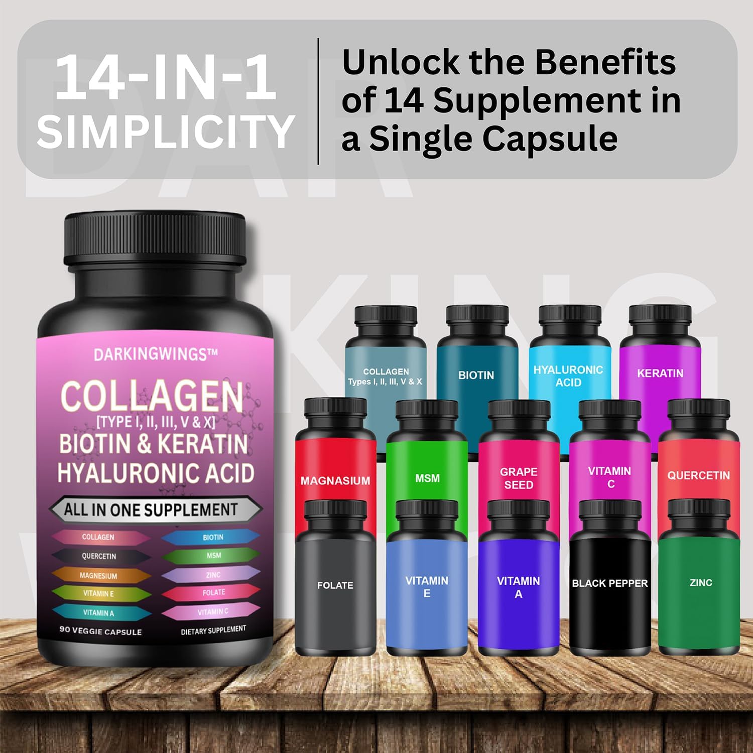 Darkingwings Multi Collagen Peptides Capsules - 14-in-1 with Types I, II, III, V & X, Biotin, Keratin, HA, MSM, Vitamin C, Zinc & More - görsel 4