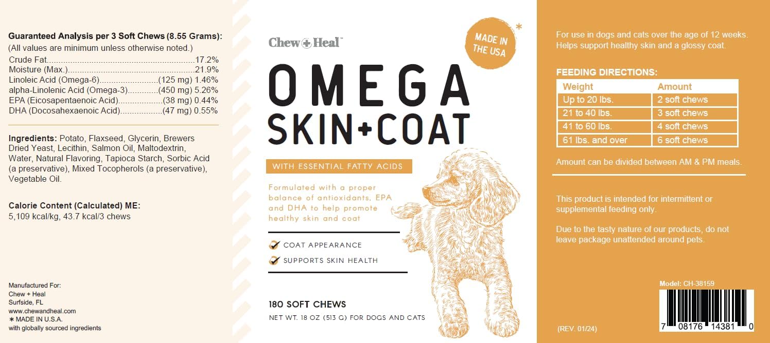 Omega-3 Fish Oil for Dogs - 180 Soft Chews for Itch Relief, Shedding & Hot Spots - Skin and Coat Supplement - Salmon Oil, EPA & DHA - Allergy Chews - Made in USA - Chew + Heal - görsel 7