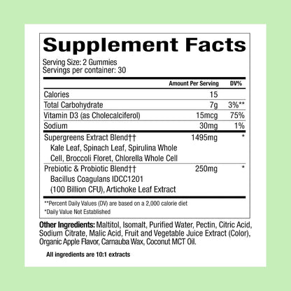 Plant People WonderGreens Veggie Gummies - Super Greens with Probiotics, Green Apple (60 Gummies)
