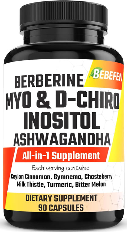 Myo-Inositol & D-Chiro Inositol Capsules with Ashwagandha, Berberine, Cinnamon, Gymnema, Chasteberry, Milk Thistle, Turmeric, Bitter Melon – 90 Capsules