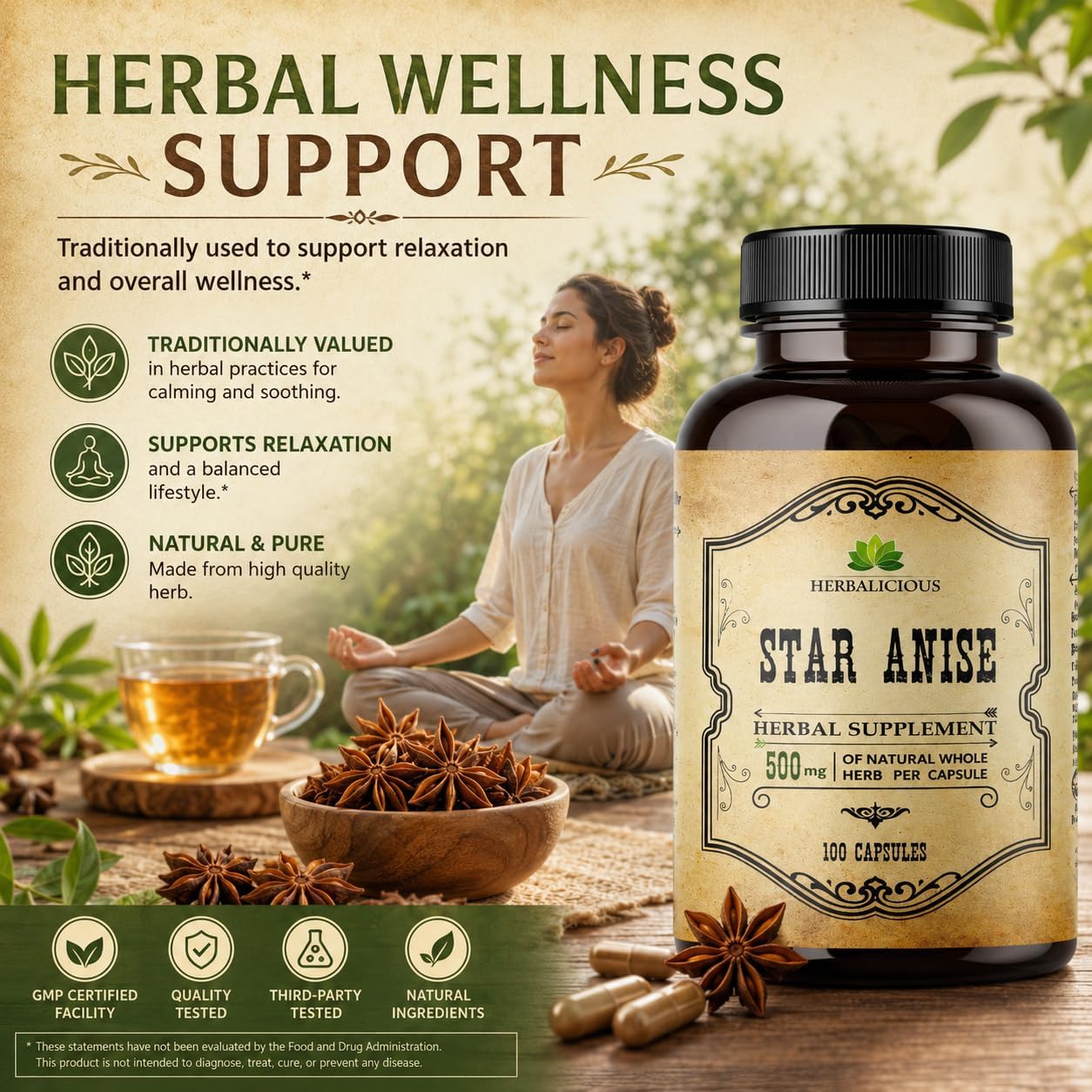 HERBALICIOUS Organic Star Anise Supplement – 100 Capsules – 1000mg - görsel 2