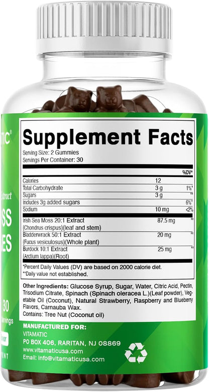 Vitamatic Irish Sea Moss Gummies with Bladderwrack & Burdock Root – Botanical Extract Supplement – Vegan, Non-GMO – 120 Gummies