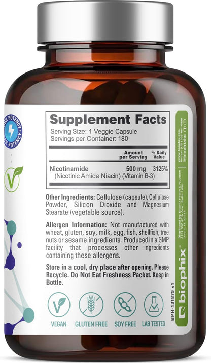 biophix B-3 Nicotinamide 500 mg 180 Vcaps – Flush-Free Niacin Supplement
