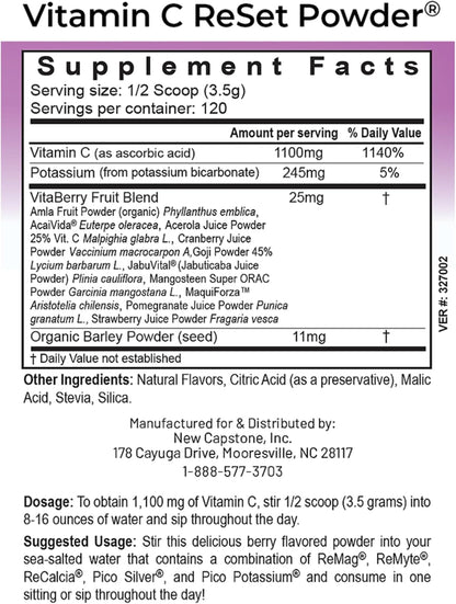 RnA ReSet Vitamin C Reset – Berry-Flavoured Vitamin C Powder with Potassium & Fruit Blend, NSF Contents Certified, 420 g (120 Servings)