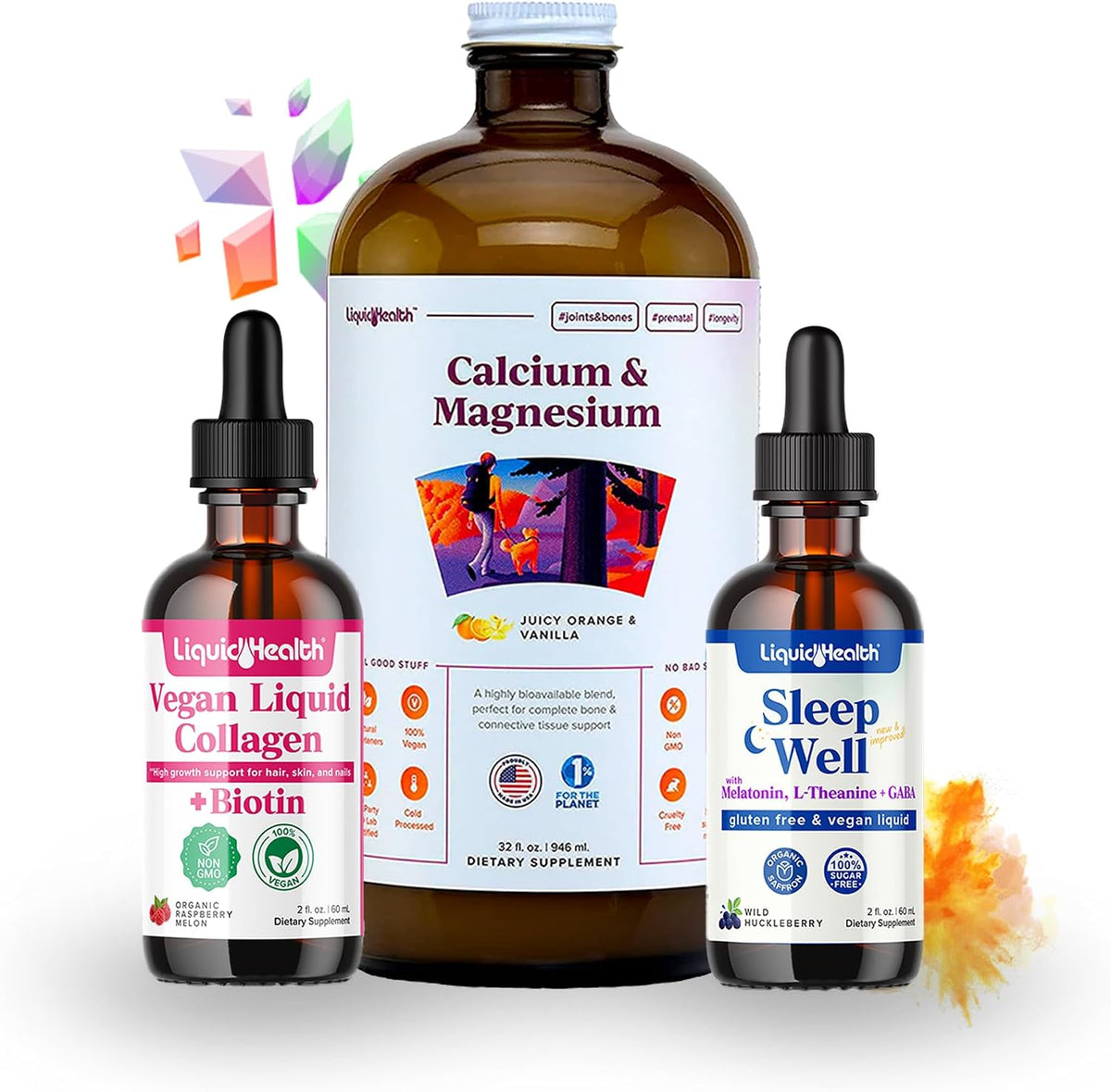 LIQUIDHEALTH Vegan Beauty Sleep Vitamin Supplement Bundle with Liquid Collagen, Biotin, Calcium Magnesium & Melatonin Drops - görsel 1
