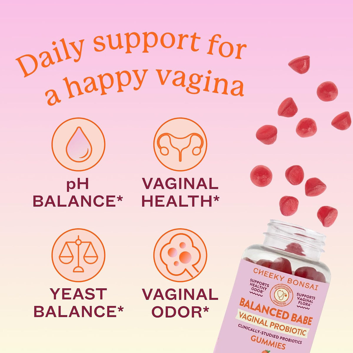 Cheeky Bonsai Balanced Babe - Vaginal Probiotic Gummies for Women, Balanced pH, Healthy Odour, and Flora Support - 5 Billion CFUs - Juicy Strawberry Flavour, 60 Count - görsel 2
