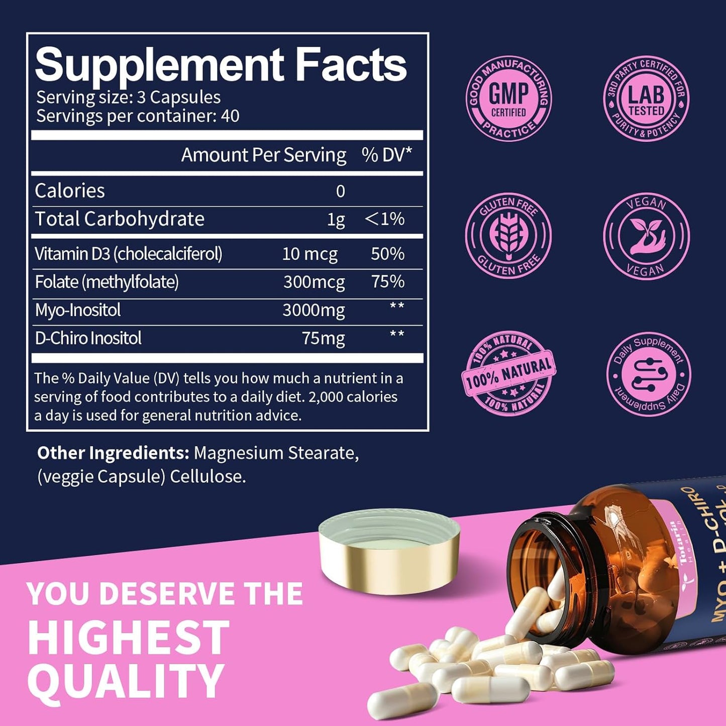 Totaria Inositol Food Supplement for Women with Vitamin D3 and Folate - 40:1 Ratio Myo-Inositol and D-Chiro Inositol Complex - Vitamin B8 Capsules (Pack of 2) - görsel 4