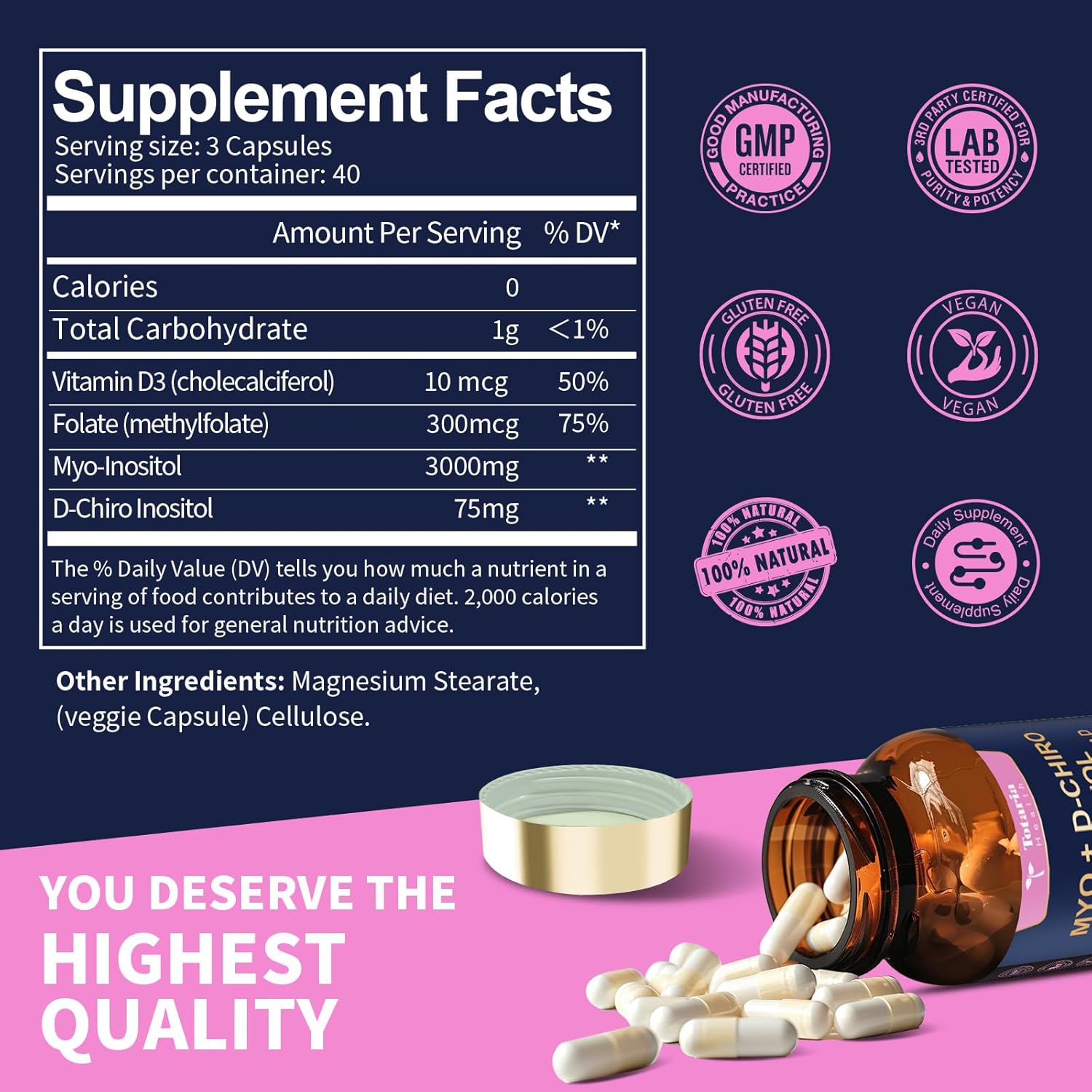 Totaria Inositol Food Supplement for Women with Vitamin D3 and Folate - 40:1 Ratio Myo-Inositol and D-Chiro Inositol Complex - Vitamin B8 Capsules (Pack of 2) - görsel 4
