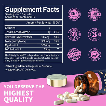 Totaria Inositol Food Supplement for Women with Vitamin D3 and Folate - 40:1 Ratio Myo-Inositol and D-Chiro Inositol Complex - Vitamin B8 Capsules (Pack of 2)