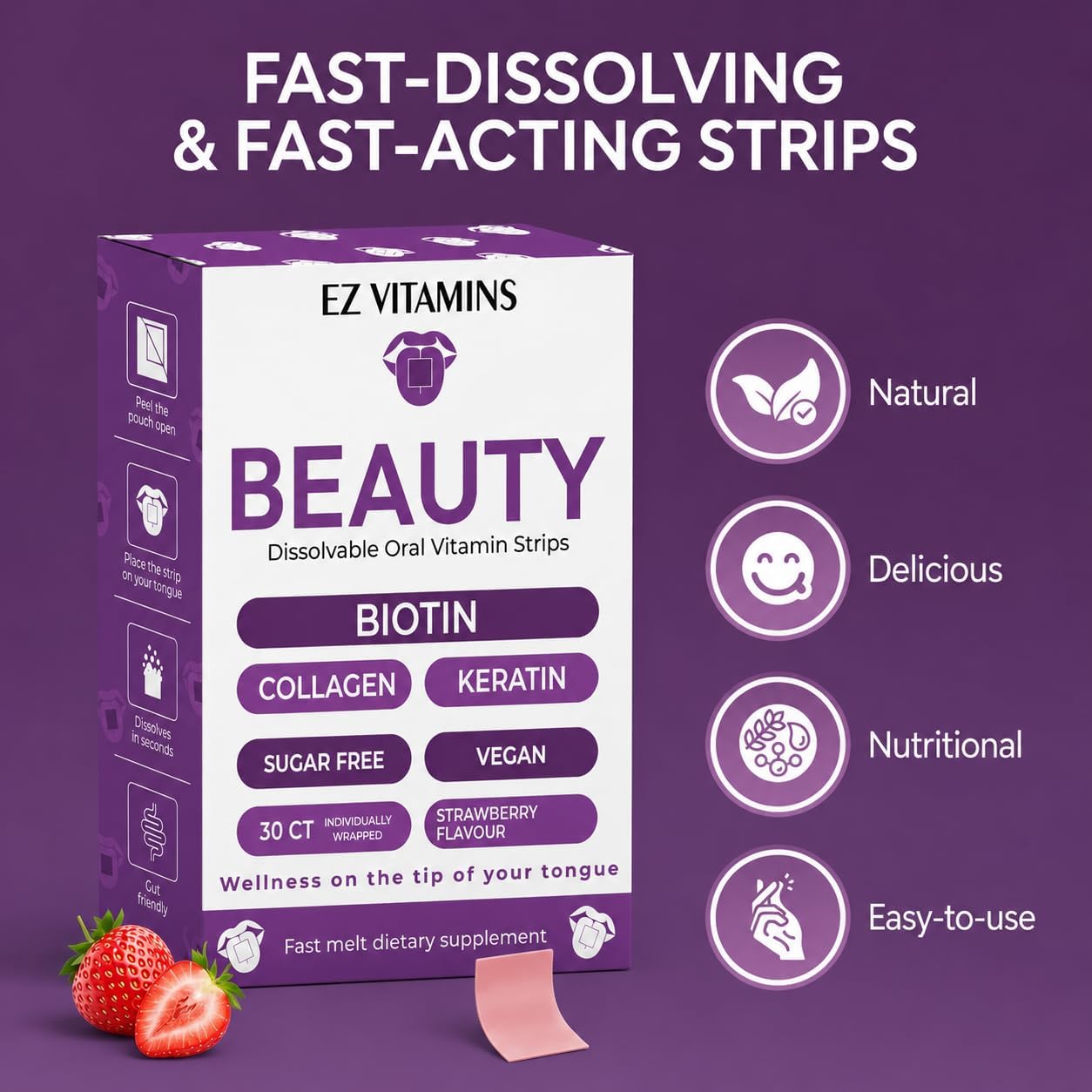 EZ VITAMINS Oral Strips for Hair, Skin and Nails – Fast-Dissolving Biotin, Vitamin E, Collagen and Folate – Strawberry Flavour, 30 Strips - görsel 5