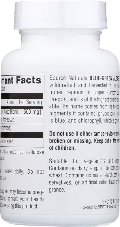 Source Naturals Blue Green Algae from Klamath Lake – 500 mg, 100 Tablets