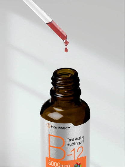 Horbaach B12 5000 mcg Sublingual Liquid Drops - Methylcobalamin & Cyanocobalamin, Berry Flavour, 118ml