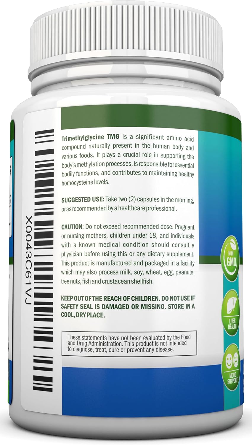 TMG Trimethylglycine Supplement - 1000mg - 180 Capsules - Pure Betaine Anhydrous - Non-GMO - görsel 4