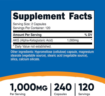 Nutricost AKG Alpha-Ketoglutaric Acid 1000 mg, 240 Capsules